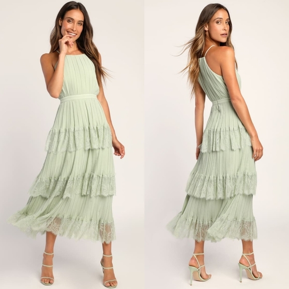 Lulus Came For Cocktails Sage Green Pleated Tiered Lace Maxi Dress M Wedding - Picture 1 of 10